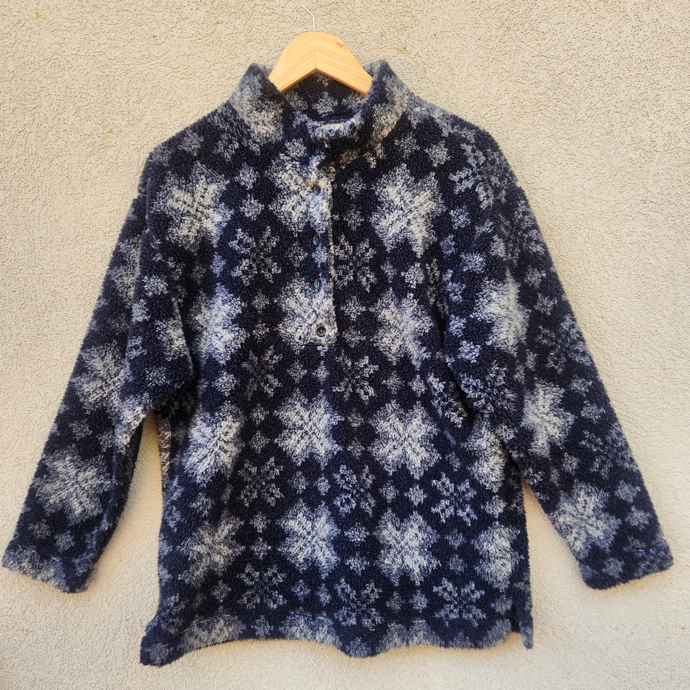 LL BEAN Women's Nordic Fleece Pullover Medium Snowflake Black 1/4 Button Vtg